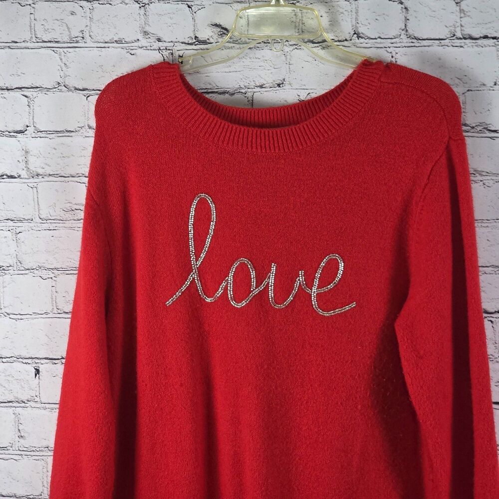 CeCe Red Sweater Dress XL Rhinestone 'Love' Graphic Cozy Knit